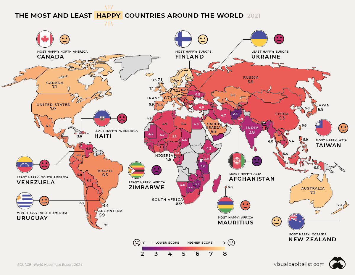 Visualiseeritult Kõige õnnelikumad Ja Vähem õnnelikud Riigid üle