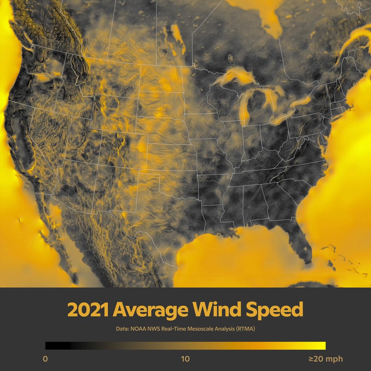 Mapped: Average Wind Speed Across the U.S.