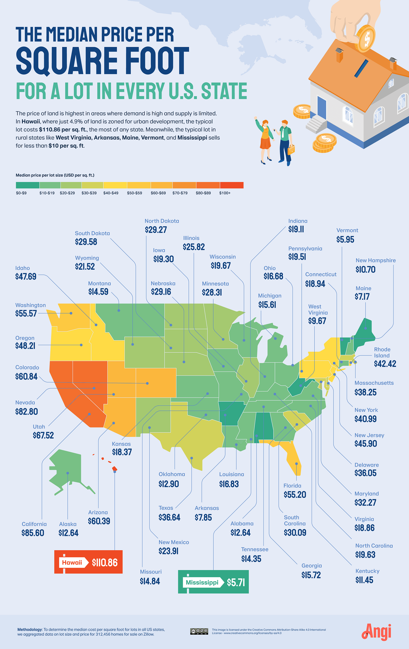 U.S. States Map Median Lot Price per Square Foot Full Size