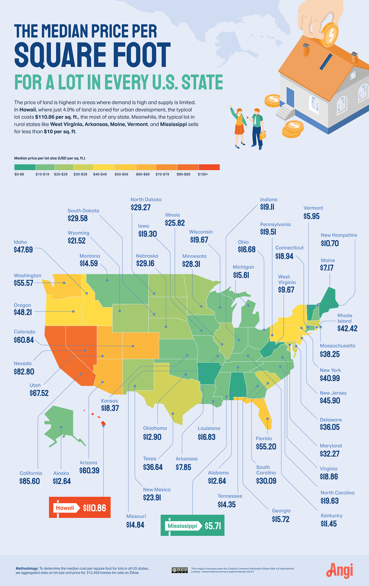 U S States Map Median Lot Price Per Square Foot Full Size