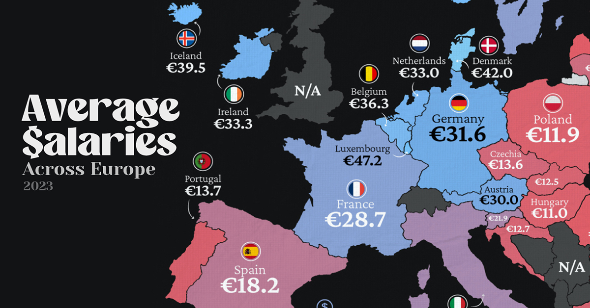 A cropped heatmap representing the average salaries (in Euros per hour), across Europe.