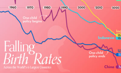This line chart shows the annual births per 1,000 people in the world's six most populous countries.