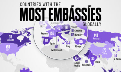 A map of the countries with the most embassies worldwide.
