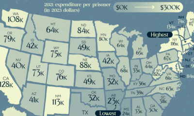 In this map, we illustrate spending per prisoner across all U.S. states.