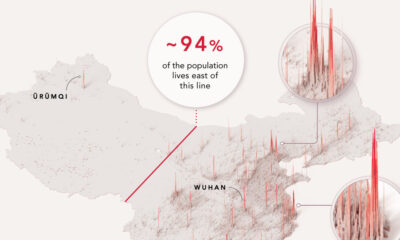 This cropped 3D map visualizes China's population density, based on data from various sources.