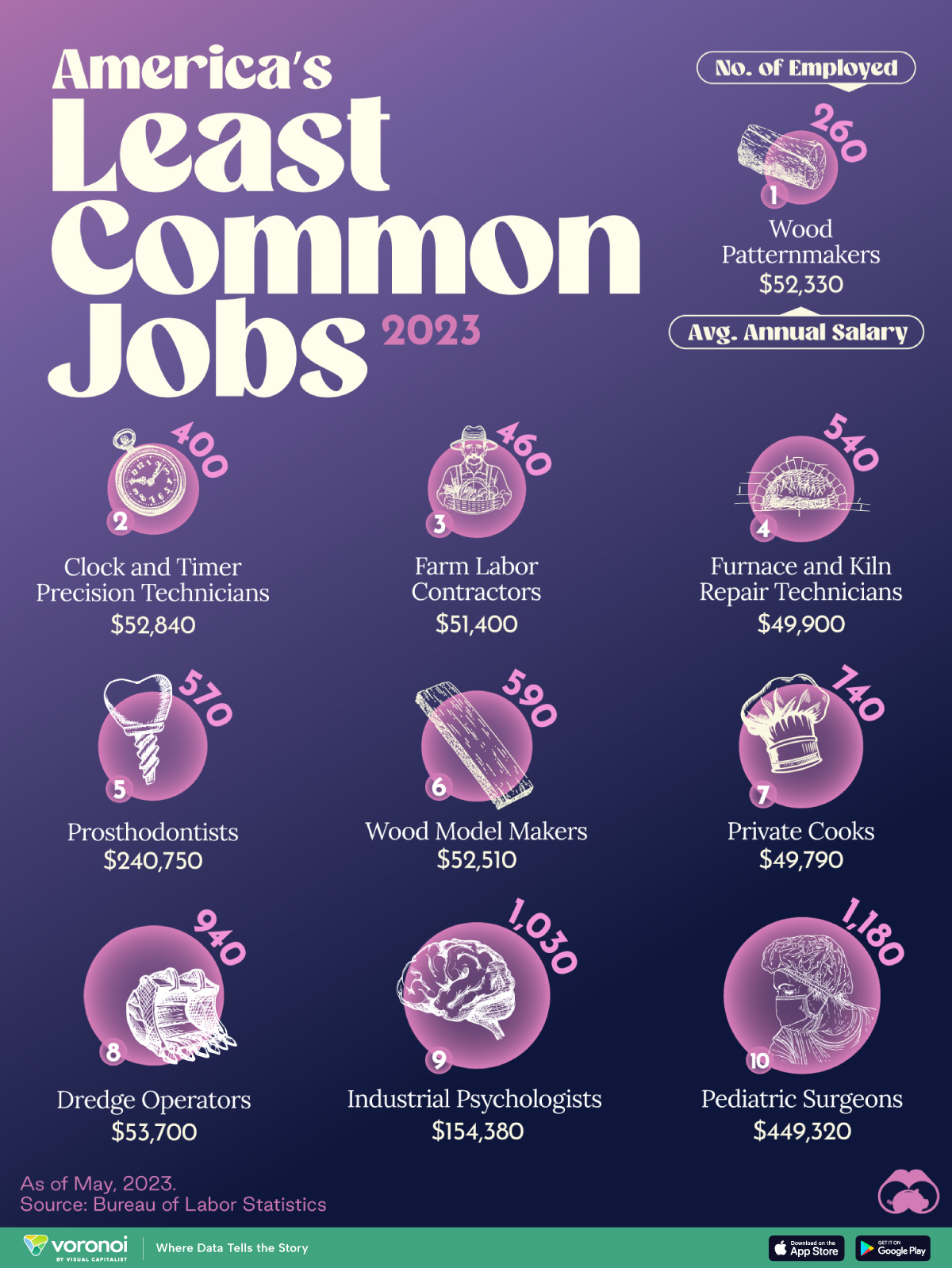 A chart ranking the least common American jobs by number of people employed by a business, as of May 2023.