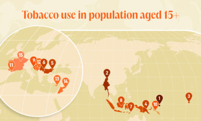 A cropped map with the 15 countries with the highest smoking rates in the world.