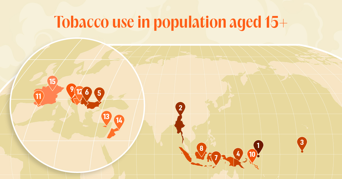 A cropped map with the 15 countries with the highest smoking rates in the world.