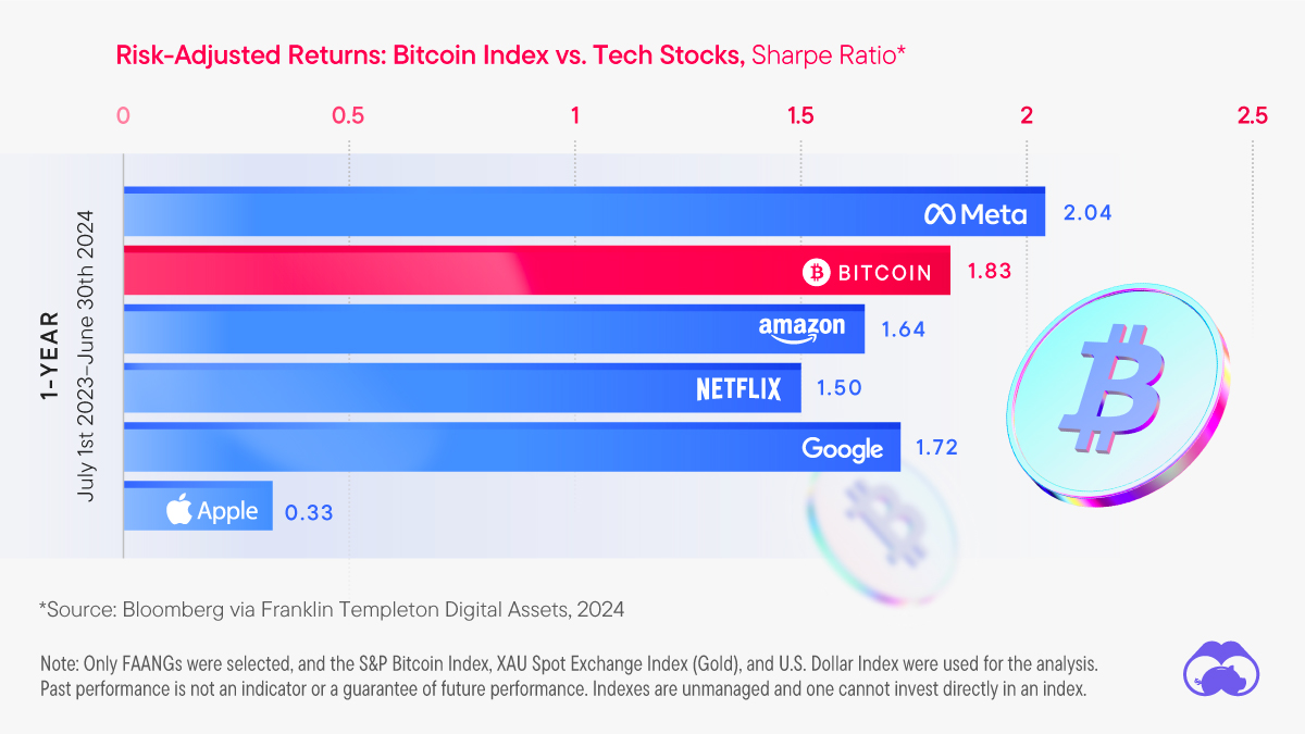 Bar chart showing the Sharpe ratios of major technology stocks versus bitcoin