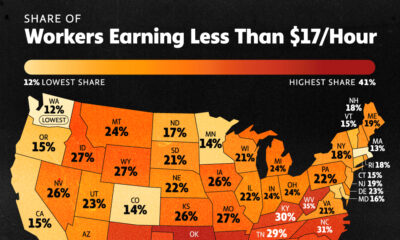 This map shows the share of low wage workers in America in 2024.