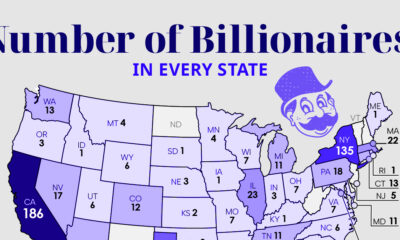 This cropped map has the number of U.S. billionaires per state as of 2023.