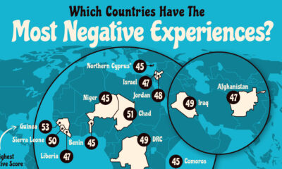 A partial world map showing the countries that experienced the most negative emotions.