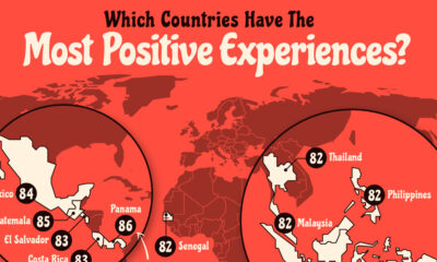 Partial world map showing the countries where it is most common for people to feel positive emotions.