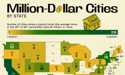 This map shows the number of cities in each state with million-dollar homes.