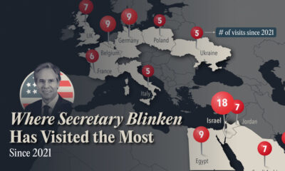 This cropped map shows the countries U.S. Secretary of State Antony Blinken has visited most since January 2021.