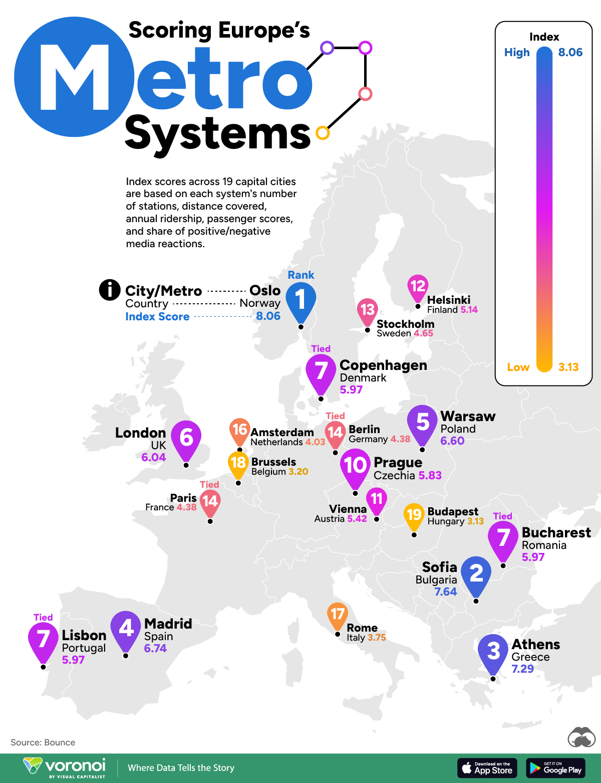 This map ranks European capital cities by the quality of their metro stations.