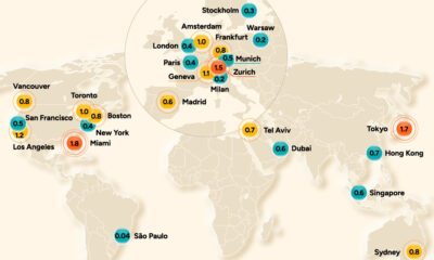 This map shows the real estate bubble risk of 25 cities around the world in 2024.