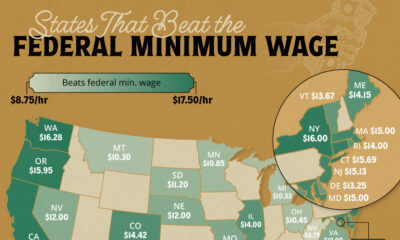 This cropped map has the U.S. states that beat the federal minimum wage and along with their minimums.