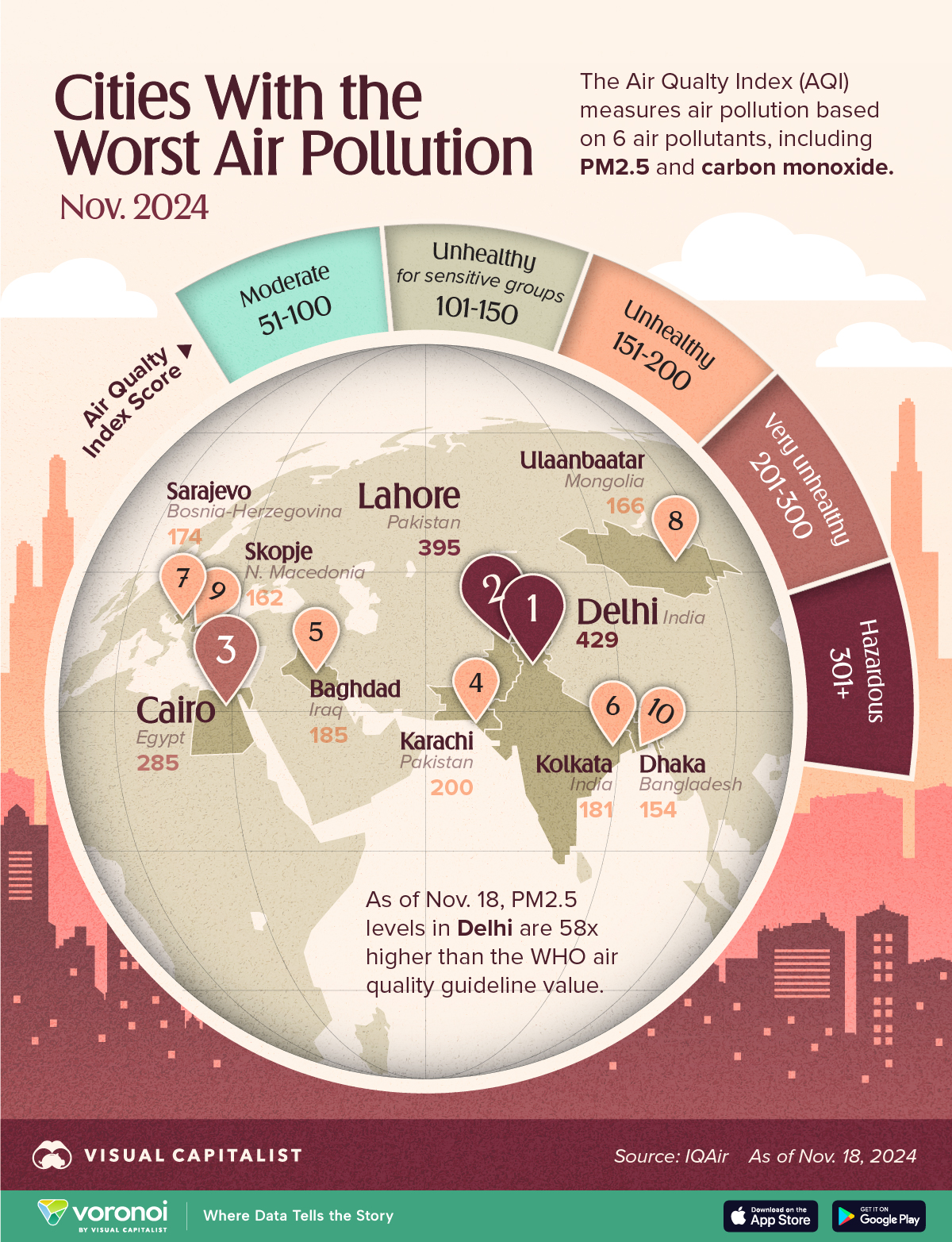 This graphic locates the cities with the worst air pollution as of Nov. 18, 2024.