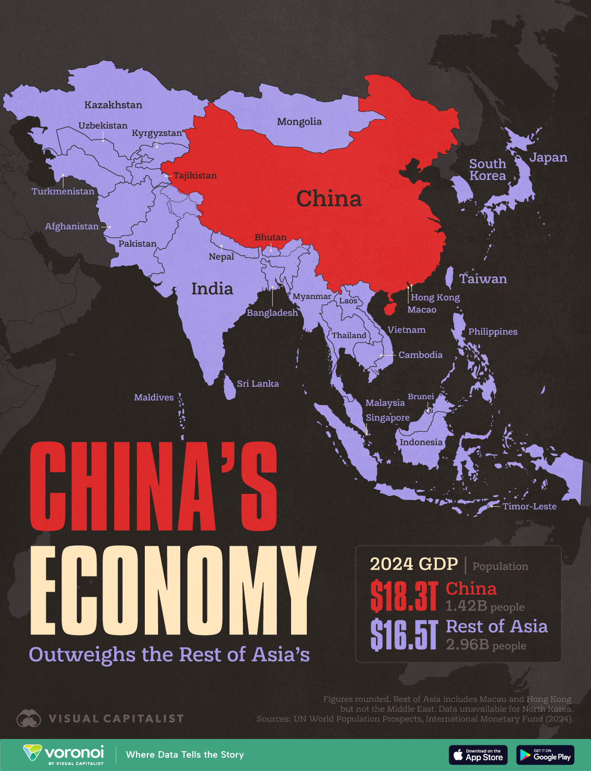 This map compares China’s economic might with the rest of Asia: a combined entity of 30 other countries.