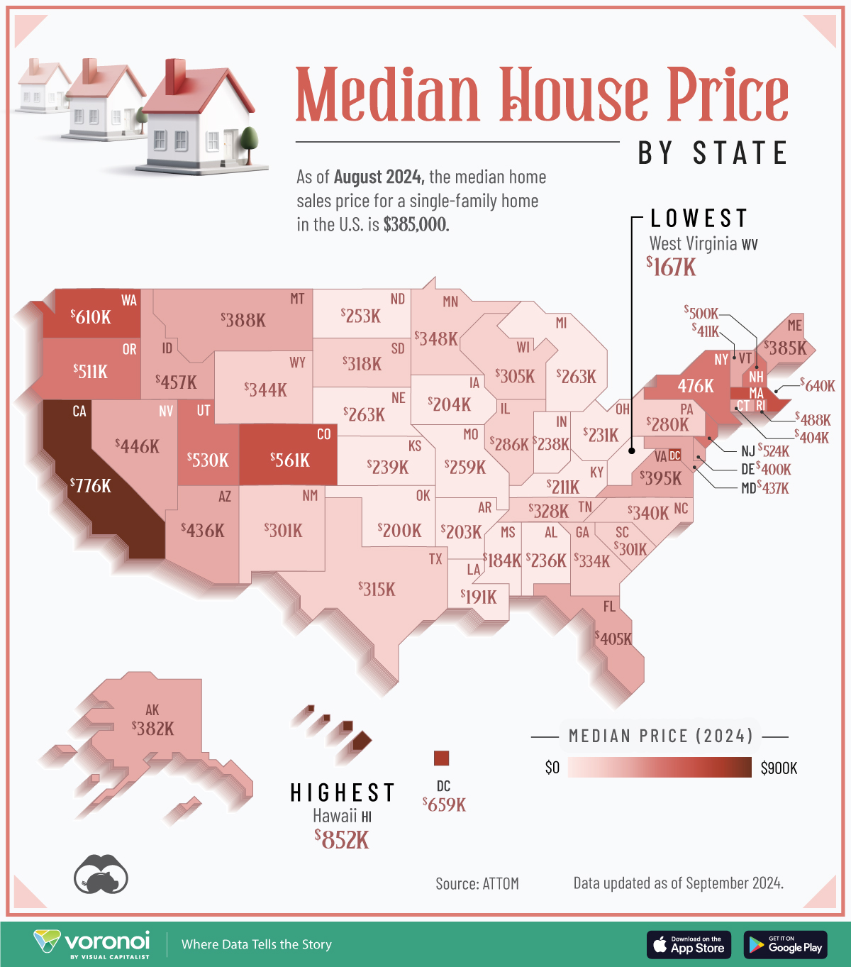 Mapped: Median Home Sale Price by U.S. State