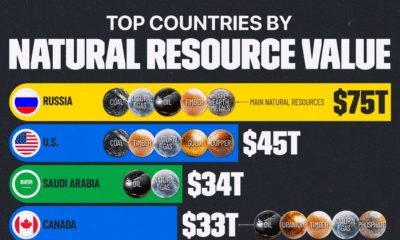 This graphic shows the top 10 countries based on natural resource value as of 2021, according to Statista.