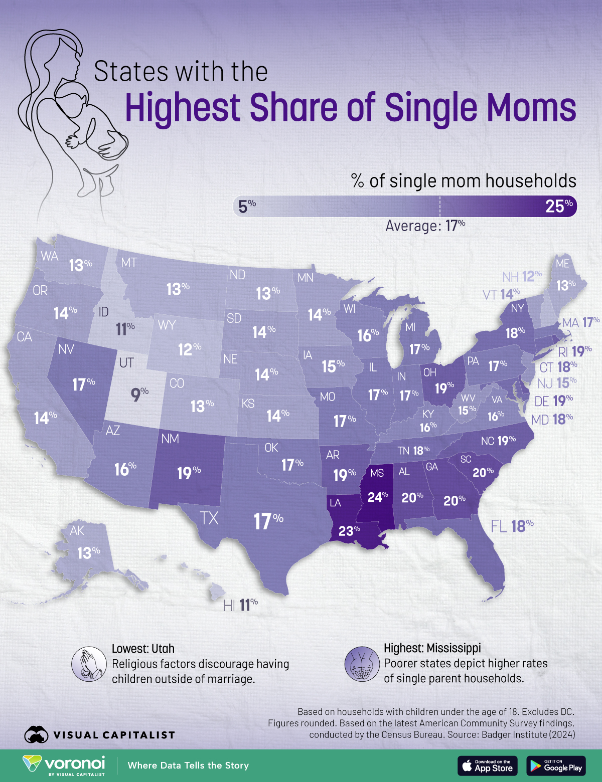 This map shows the share of single mothers by U.S. state.