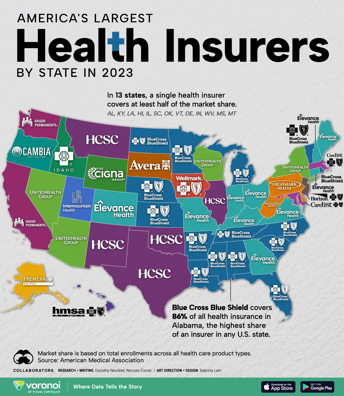 Map showing the top health insurance company by state by market share in 2023..