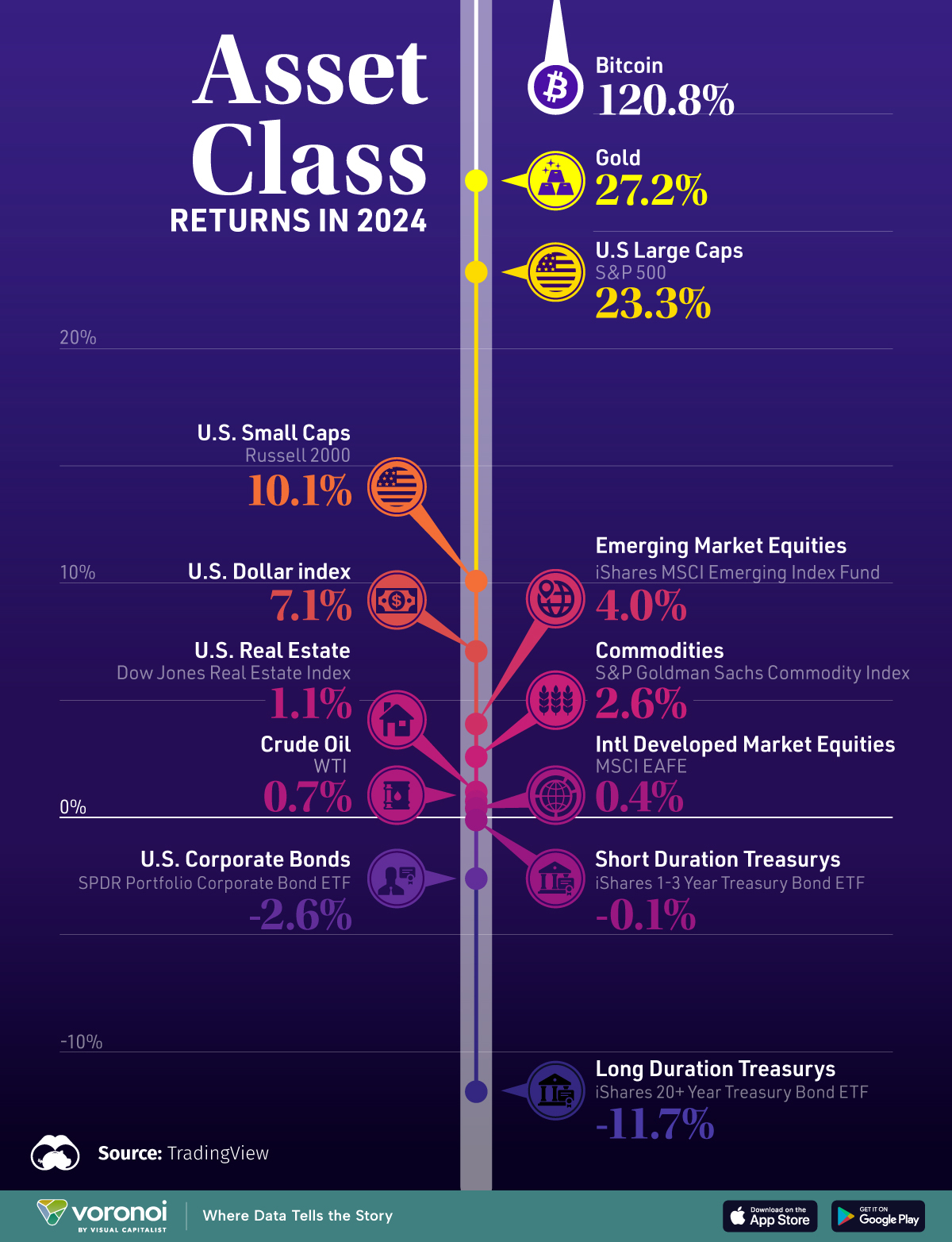 Vertical graphic with icons showing asset class returns in 2024.