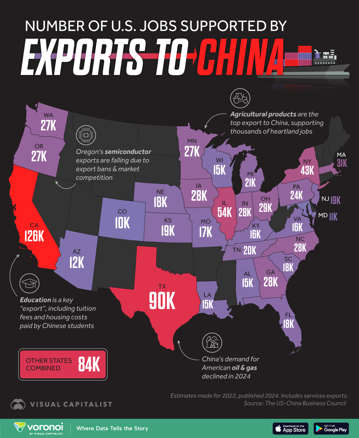 这张地图显示了美国政府对中国的出口所支持的美国就业岗位数量。