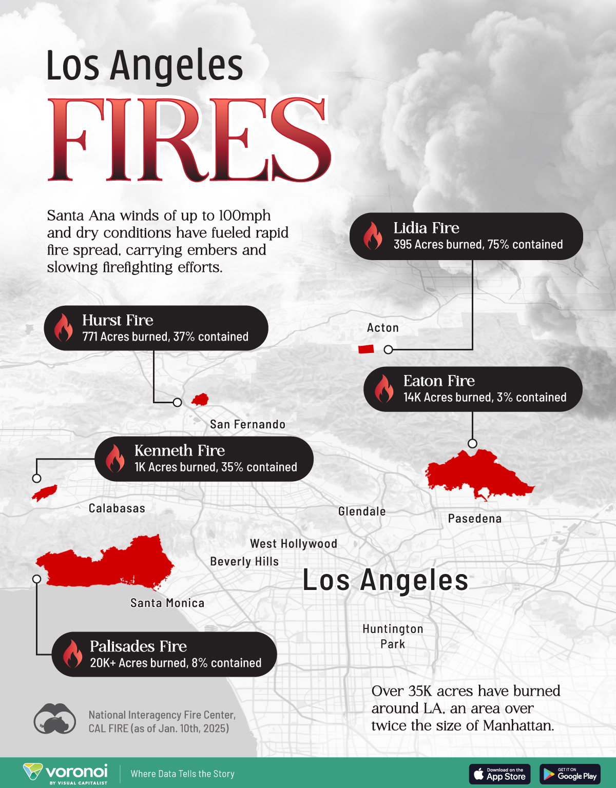 A map showing wildfires in the Los Angeles area as of Jan. 10, 2025