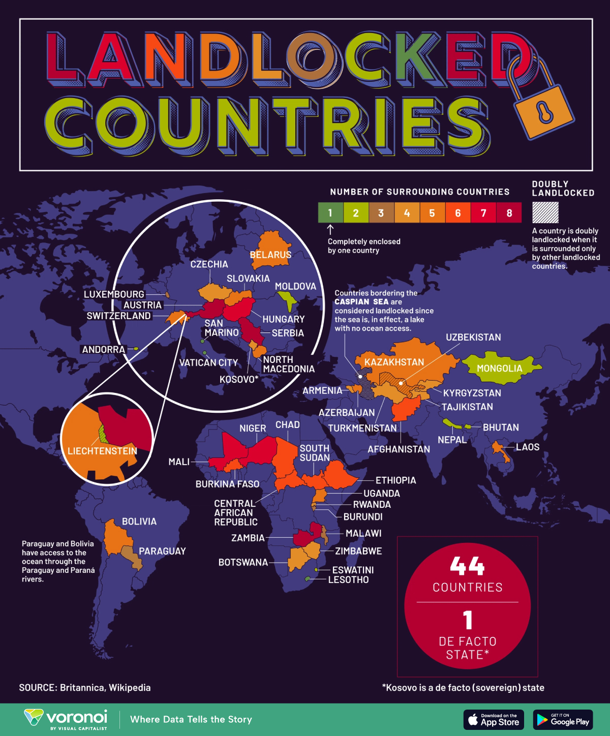 显示世界各地内陆国家的地图。