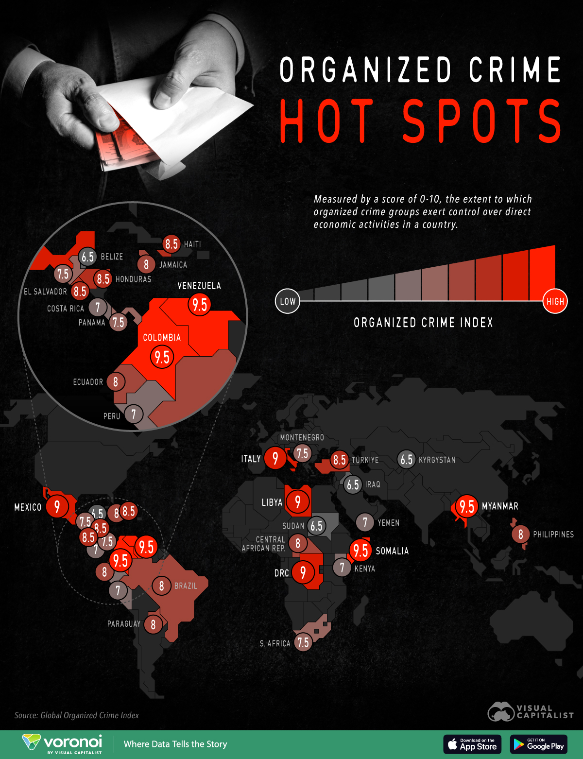 Map showing countries with the most influential organized crime groups worldwide.