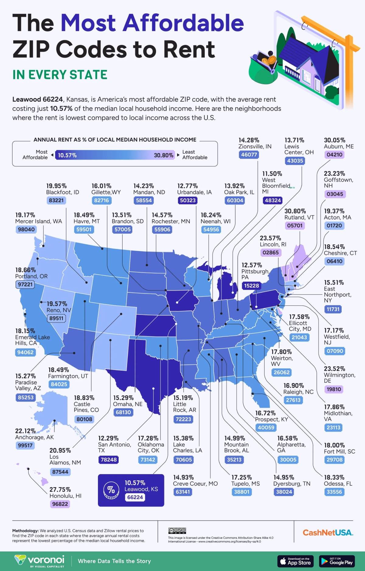 A map showing the most affordable ZIP codes in each state