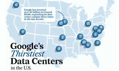 This map locates Google's data centers that consume the most water annually.