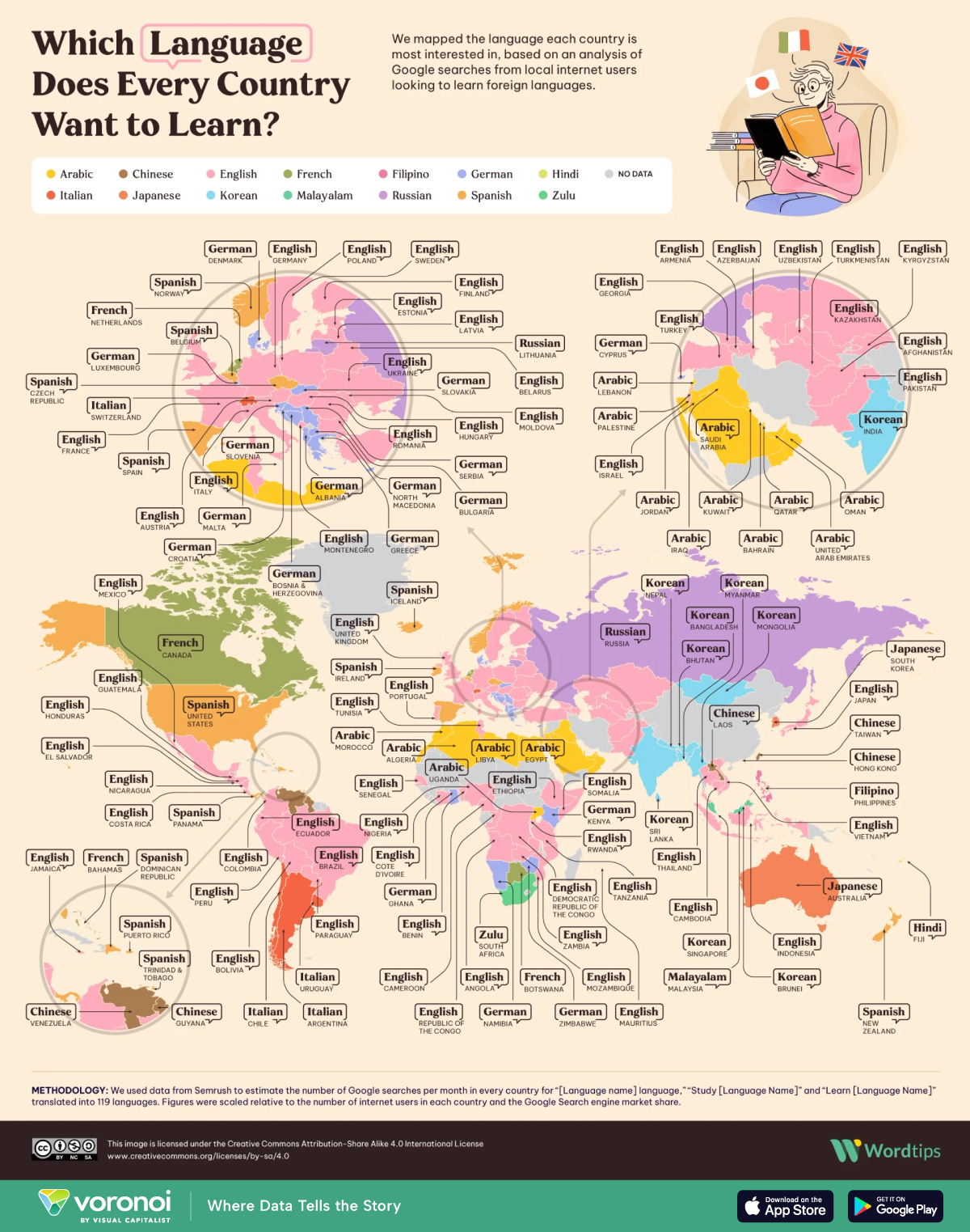 Map showing the most popular languages people want to learn by country in 2024.