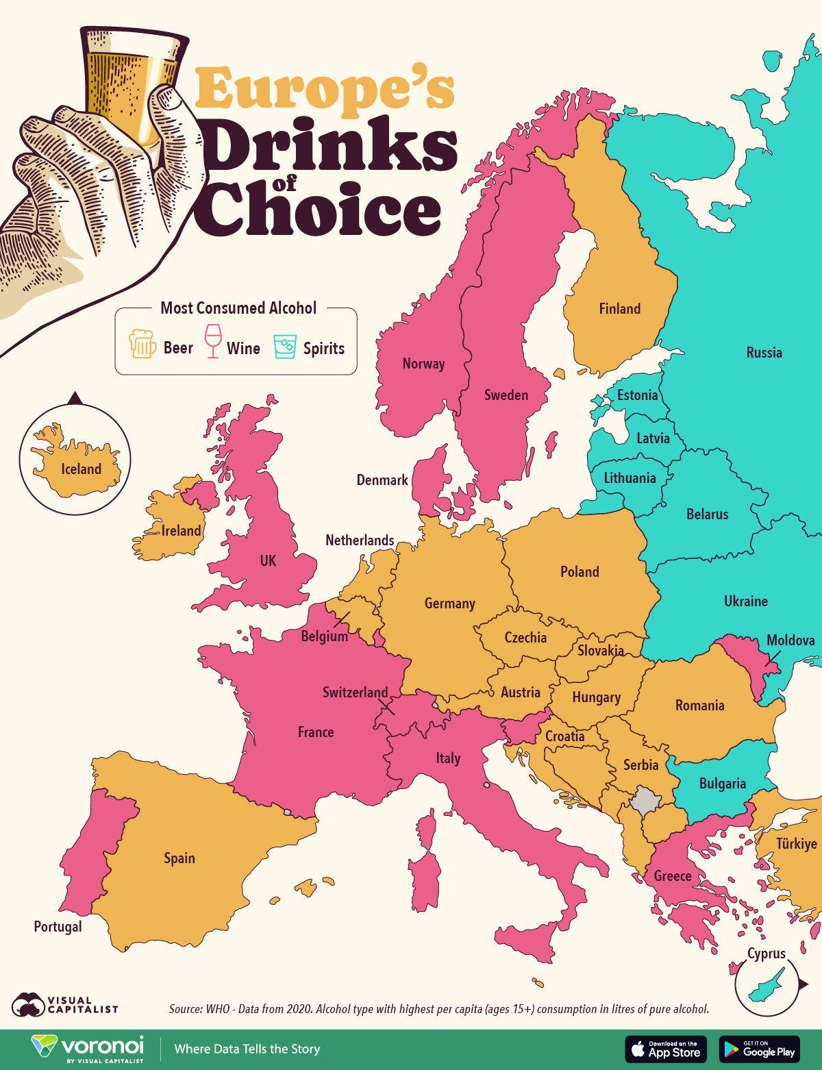 A map showing the most popular drink across European countries