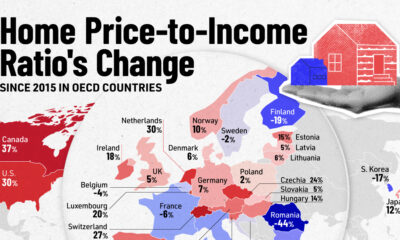 Map showing the change in home price to income ratio in OECD countries since 2015.