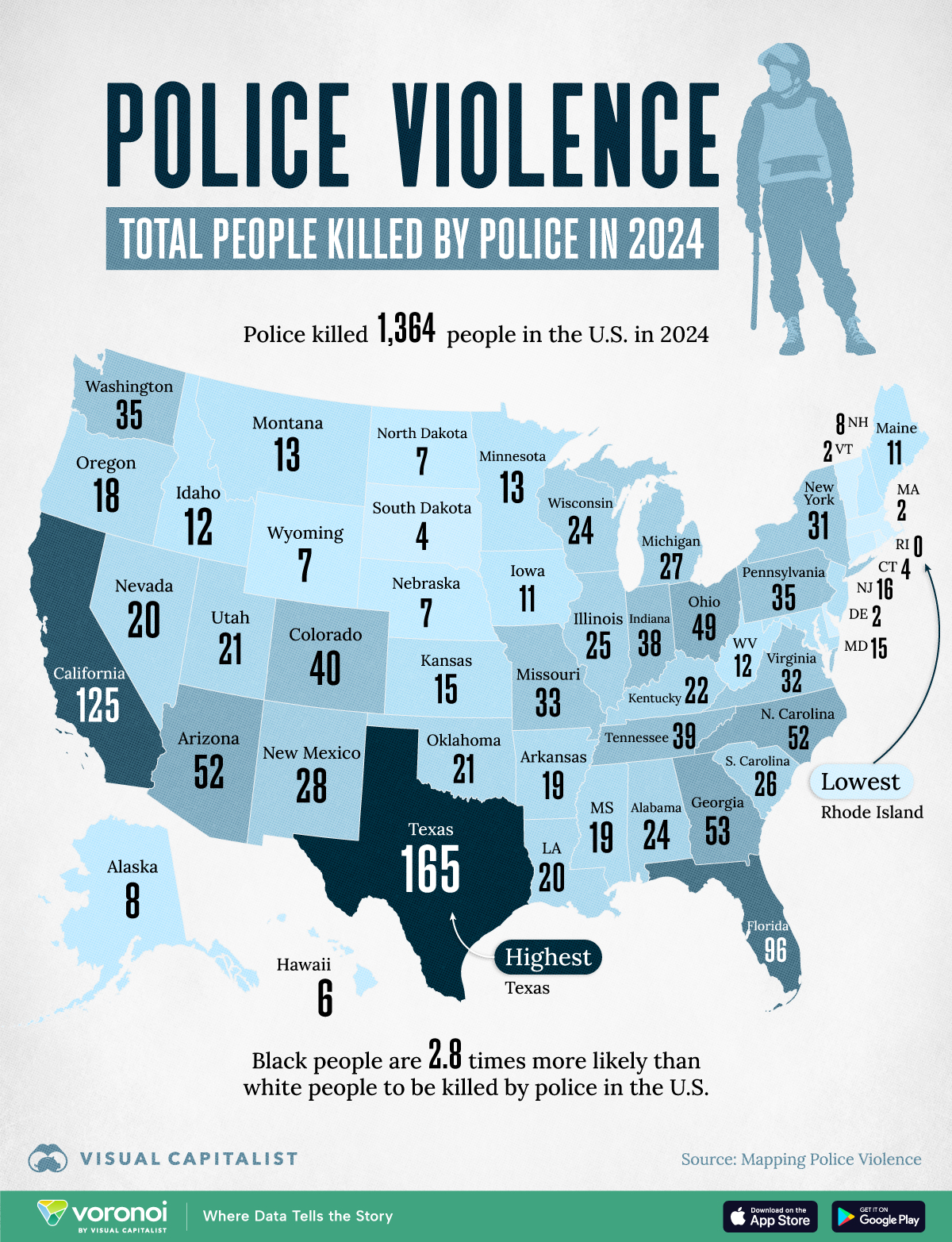 This map displays police violence by state, considering the number of people killed by law enforcement in each U.S. state in 2024.