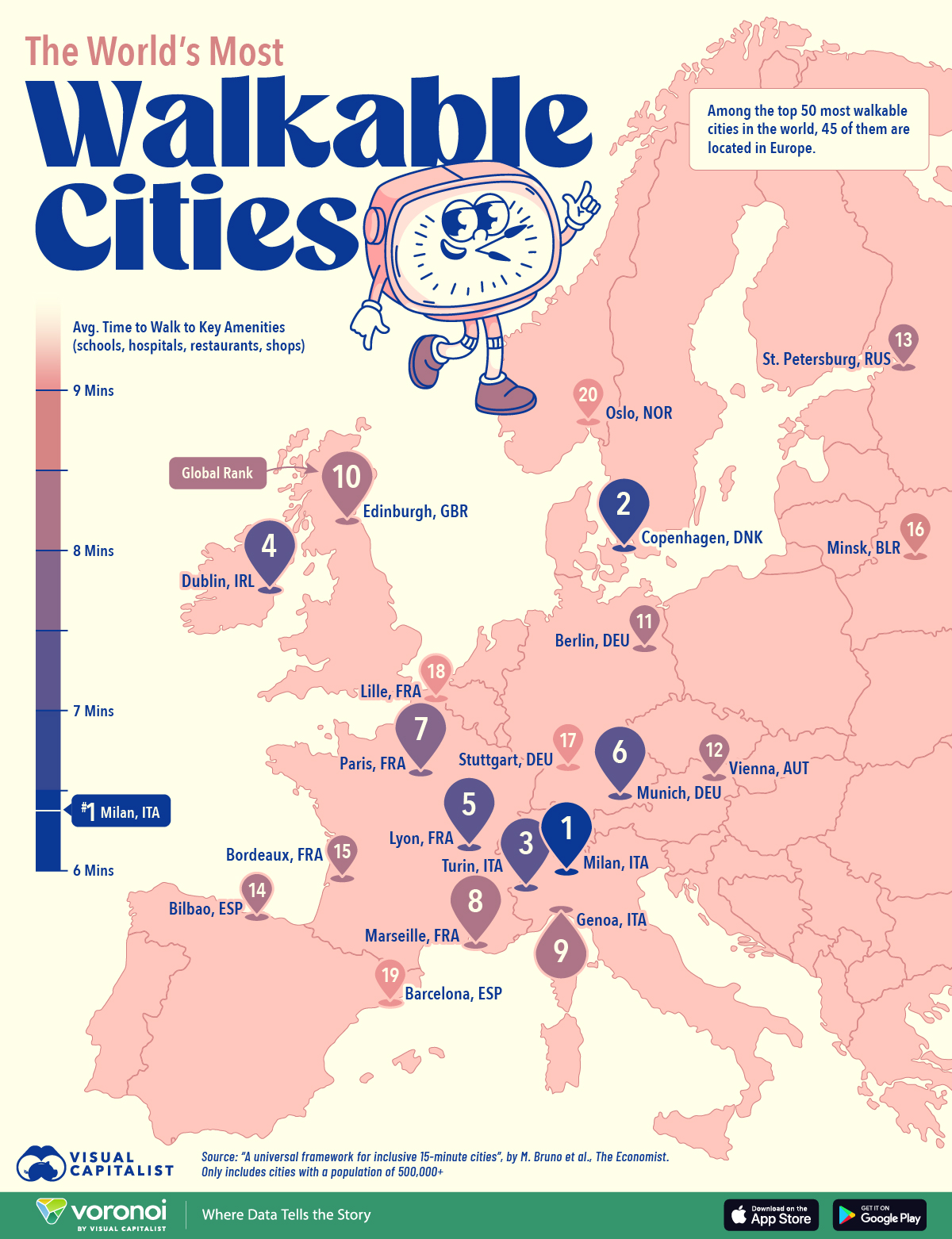 A map showing the most walkable cities in the world